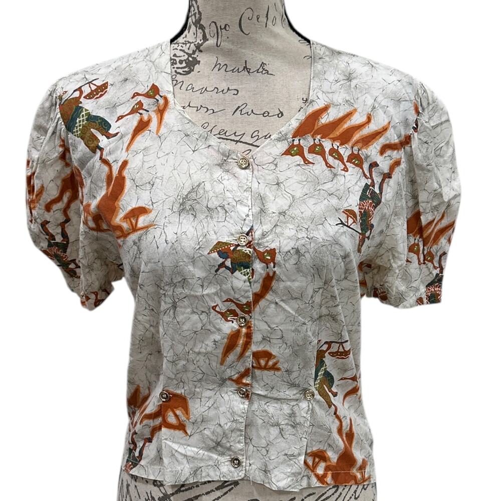 Vintage Cross-Cultural Printed Button Down Blouse